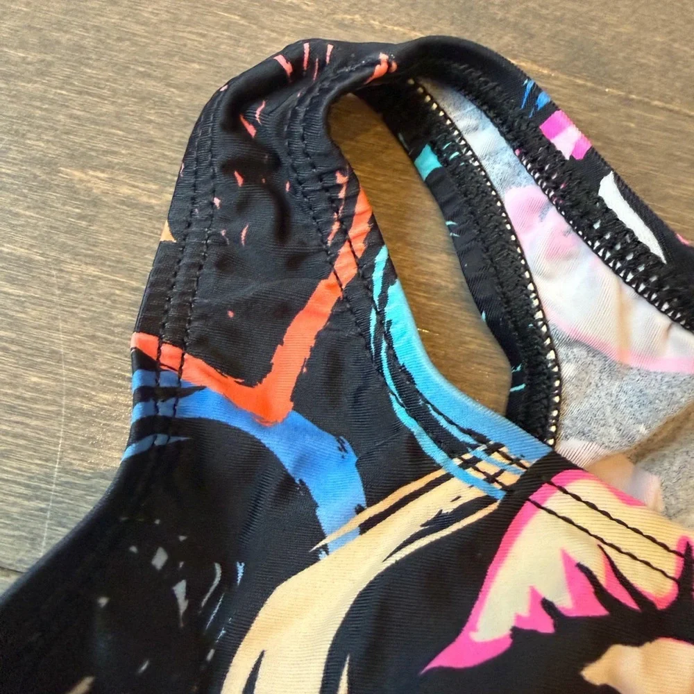 Girls' Black One-Piece Swimsuit with Colorful Lip Print